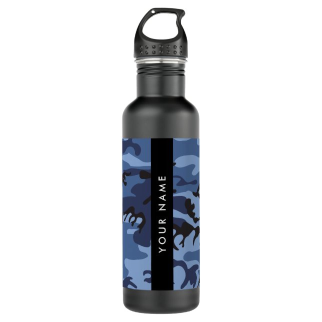 Navy Blue Camouflage Your name Personalize Stainless Steel Water Bottle (Front)