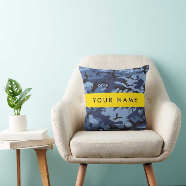 Navy Blue Camouflage Your name Personalize Throw Pillow (Chair)