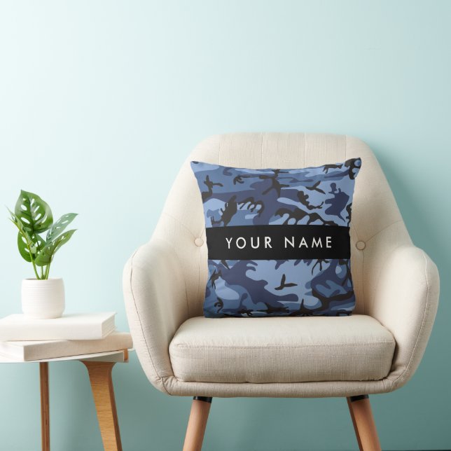 Navy Blue Camouflage Your name Personalize Throw Pillow (Chair)