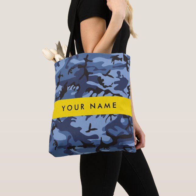 Navy Blue Camouflage Your name Personalize Tote Bag (Close Up)