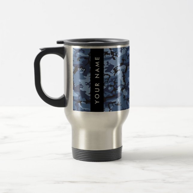 Navy Blue Camouflage Your name Personalize Travel Mug (Left)