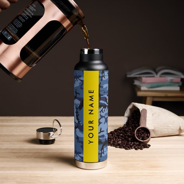 Navy Blue Camouflage Your name Personalize Water Bottle (Coffee)