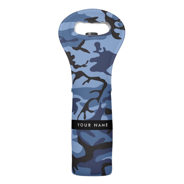 Navy Blue Camouflage Your name Personalize Wine Bag (Front)