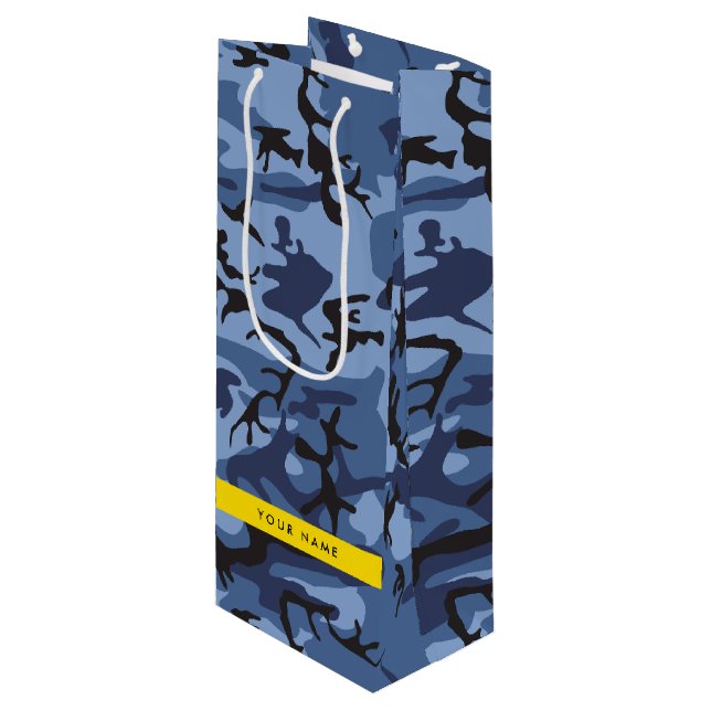 Navy Blue Camouflage Your name Personalize Wine Gift Bag (Front Angled)