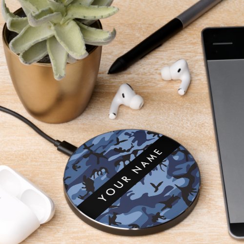 Navy Blue Camouflage Your name Personalize Wireless Charger