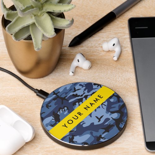 Navy Blue Camouflage Your name Personalize Wireless Charger