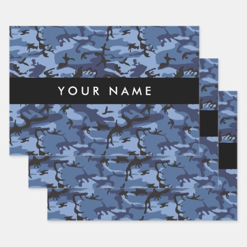 Navy Blue Camouflage Your name Personalize Wrapping Paper Sheets