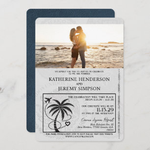 Navy Blue Cancun Passport Wedding Invitation
