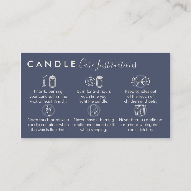 Navy Blue Candle Care Instructions Business Card