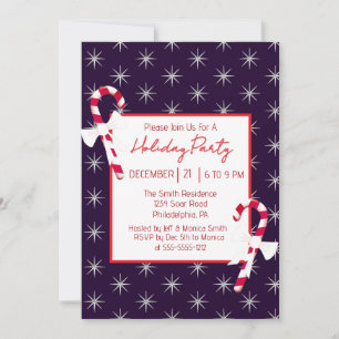 Navy Blue Candy Cane and Stars Christmas Party Invitation
