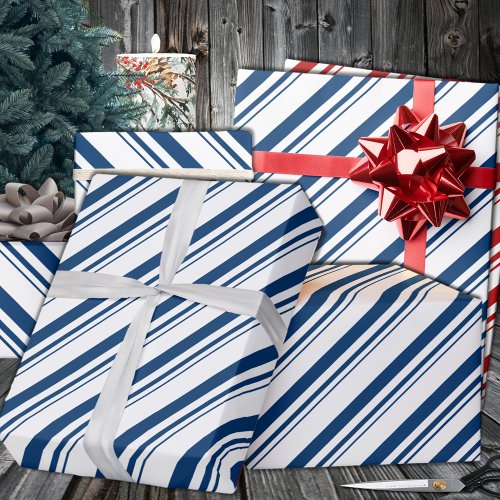 Navy Blue Candy Cane Stripe Holiday Wrapping Paper