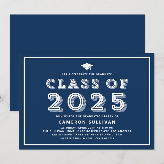 Navy Blue Cap Class of 2024 Retro Graduation Invitation (Front/Back)