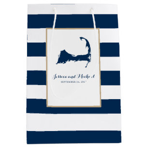 Navy Blue Cape Cod Map and Stripes Medium Gift Bag