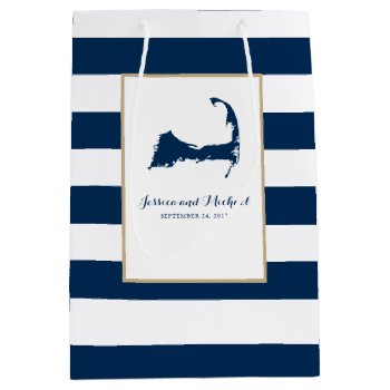 Navy Blue Cape Cod Map And Stripes Medium Gift Bag by labellarue at Zazzle