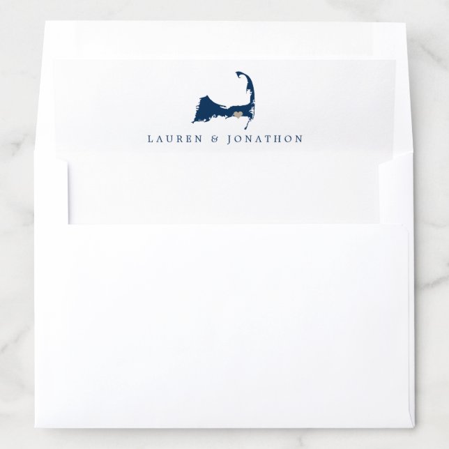 Navy Blue Cape Cod Map and Tan Heart Envelope Liner (In Envelope)