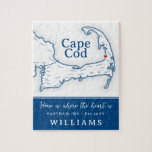 Navy Blue Cape Cod Map New Home Jigsaw Puzzle<br><div class="desc">This Cape Cod Puzzle is the perfect housewarming gift for your new home on the Cape. Featuring a hand drawn map of Cape Cod with all of the towns labeled, and a red heart that you can move to your location. Perfect for vacation homes, cottages, beach houses or retirement on...</div>
