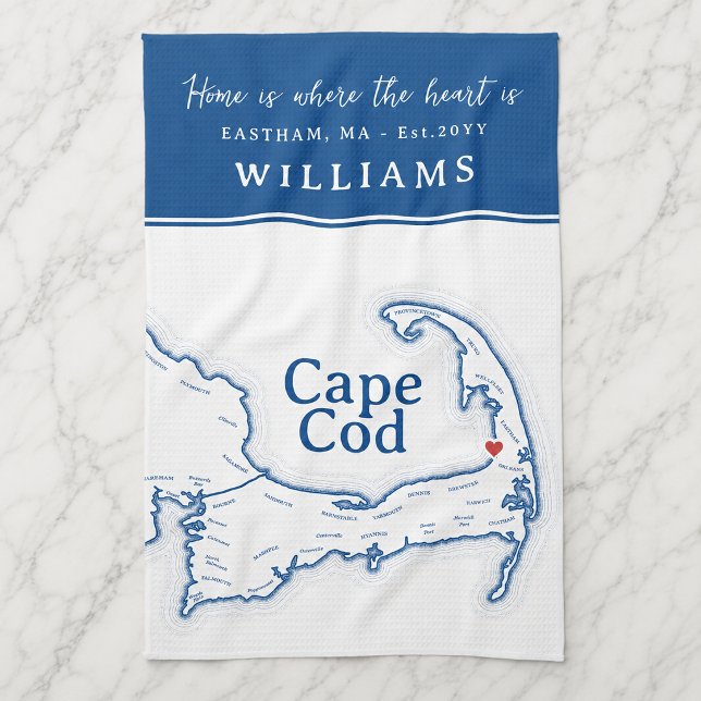 Navy Blue Cape Cod Map New Home Kitchen Towel (Cape Cod Map Kitchen Towel housewarming gift, new home present with heart over Brewster)