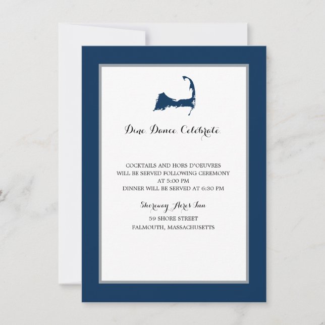 Navy Blue Cape Cod Map | Reception Invitation (Front)