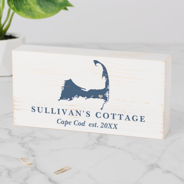 Navy Blue Cape Cod Map with Movable Heart Wooden Box Sign (In Situ Horizontal)