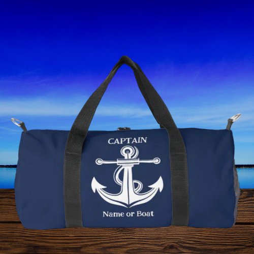 Navy Blue Captain Anchor Nautical Boat Name Duffle Bag