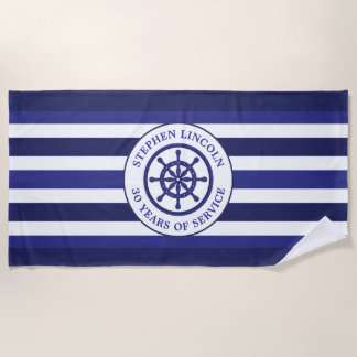 Navy Blue Captains Wheel Service Years Retirement Beach Towel