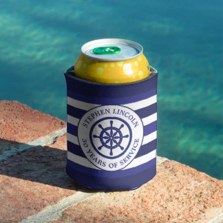 Navy Blue Captains Wheel Service Years Retirement Can Cooler
