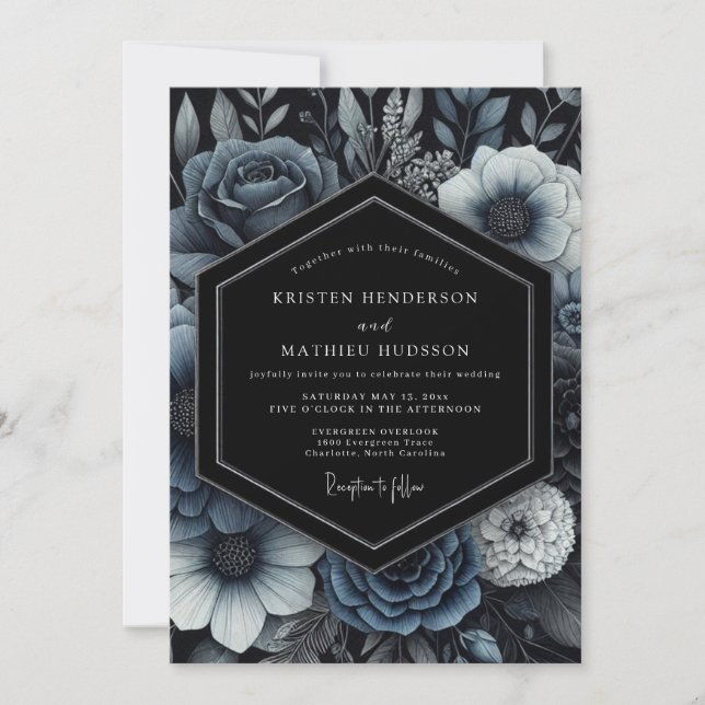 Navy Blue Captivating Gothic Wedding Invitation (Front)