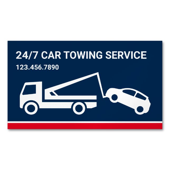 Navy Blue Car Towing Service Tow Truck Business Card Magnet (Front)