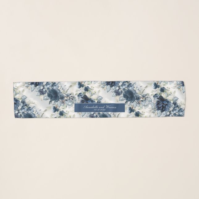 Navy Blue Cascading Roses Peonies Wedding Chiffon Scarf (Front (Horizontal))