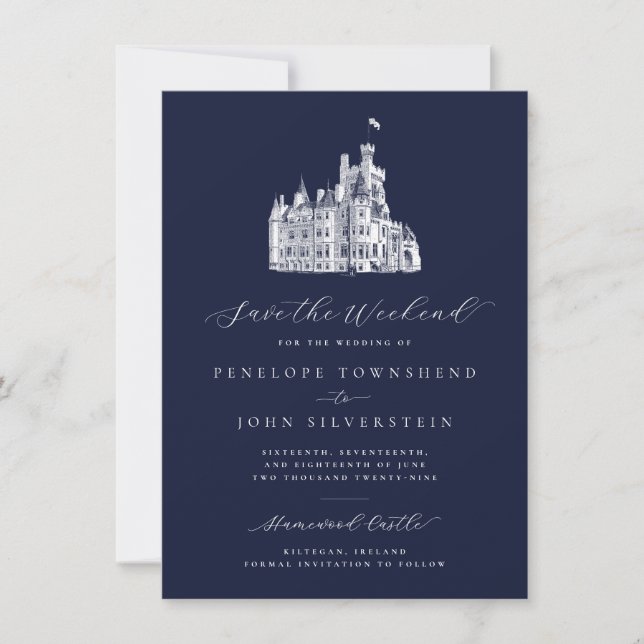 Navy Blue Castle Illustration Weekend Wedding  Save The Date (Front)