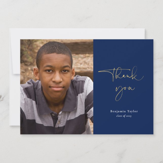 Navy Blue Casual Script Photo Graduation Thank You Card (Front)
