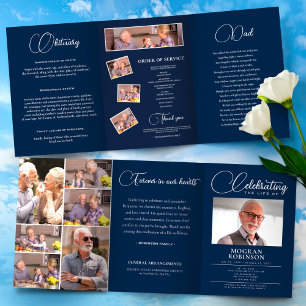 Navy Blue Celebration of Life Photo Funeral Tri-Fold Program