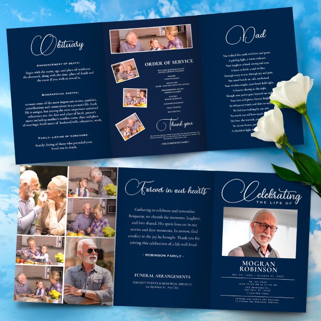 Navy Blue Celebration of Life Photo Funeral  Tri-Fold Program (Elegant Funeral Program Template Foldable – Celebration of Life,Obituary,Photo Collage, Order)