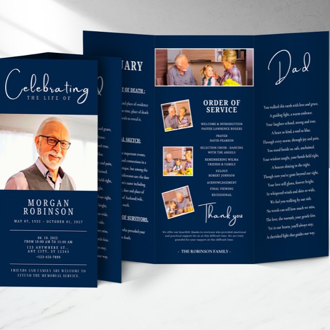 Navy Blue Celebration of Life Photo FuneralProgram Brochure (Navy Blue Celebration of Life,obituary template,funeral program,order of service,celebration of life)