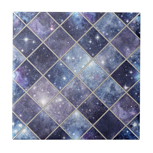 Navy Blue Celestial Diamond Lattice Star Ceramic Tile (Front)