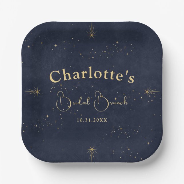 Navy Blue Celestial Moon Tarot Bridal Shower Paper Plates (Front)