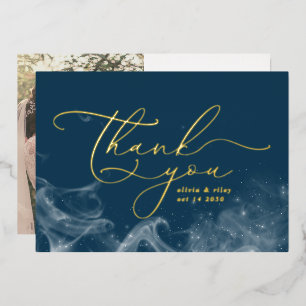 Navy Blue Celestial Stars Thank You Weddng Photo Foil Holiday Card