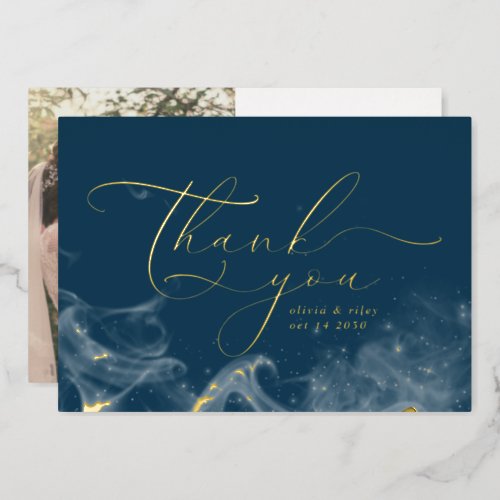 Navy Blue Celestial Stars Thank You Weddng Photo  Foil Holiday Card