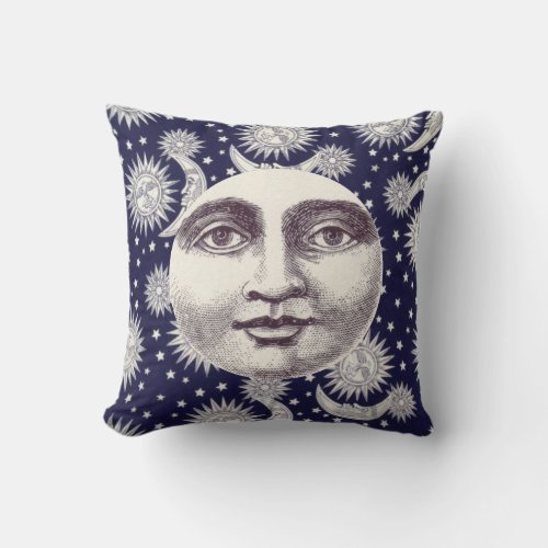 Navy Blue Celestial Vintage Man in the Moon Face Throw Pillow