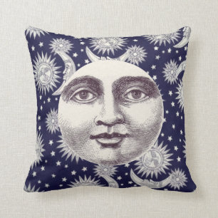 Navy Blue Celestial Vintage Man in the Moon Face Throw Pillow