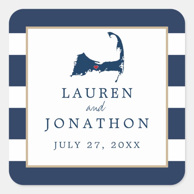 Navy Blue Centerville Cape Cod Map Wedding Favor Square Sticker (Front)