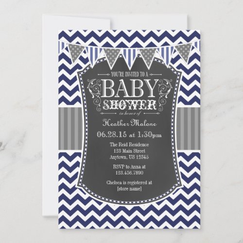 Navy Blue Chalkboard Chevron Baby Shower Invite