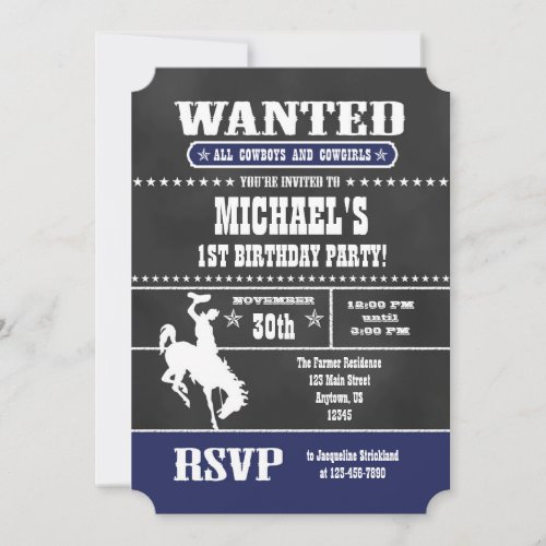 Navy Blue Chalkboard Cowboy Birthday Invitation