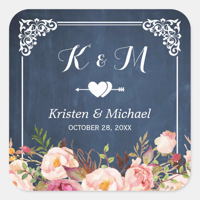 Navy Blue Chalkboard Floral Wedding Favor Square Sticker Zazzle 6437