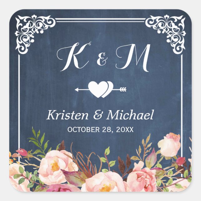 Navy Blue Chalkboard Floral Wedding Favor Square Sticker (Front)
