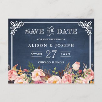 Navy Blue Chalkboard Floral Wedding Save the Date Announcement Postcard