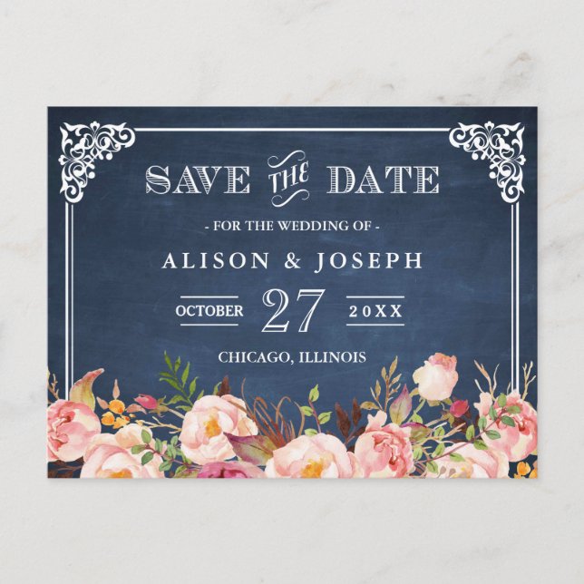 Navy Blue Chalkboard Floral Wedding Save the Date Announcement Postcard (Front)