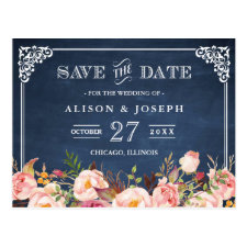 Navy Blue Chalkboard Floral Wedding Save the Date Postcard