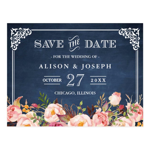 Navy Blue Chalkboard Floral Wedding Save The Date Postcard