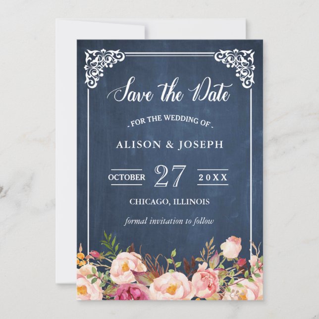 Navy Blue Chalkboard Pink Floral Save the Date (Front)